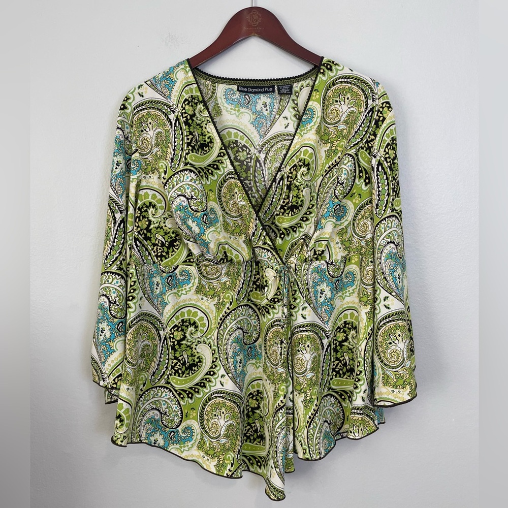 BLUE DIAMOND Plus Faux Wrap Babydoll Blouse Size 16 Green Brown Paisley Tie